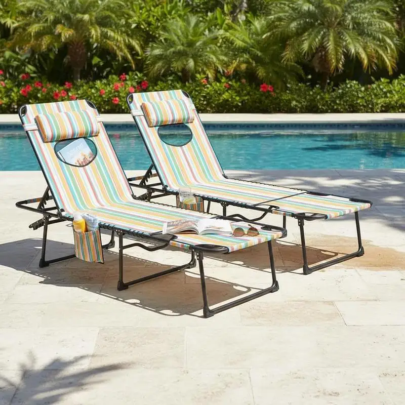 2 Piece Folding Chaise Lounge Pool Chairs with 5-level Reclining Back, Reading Hole, Side Pocket, Rainbow Striped