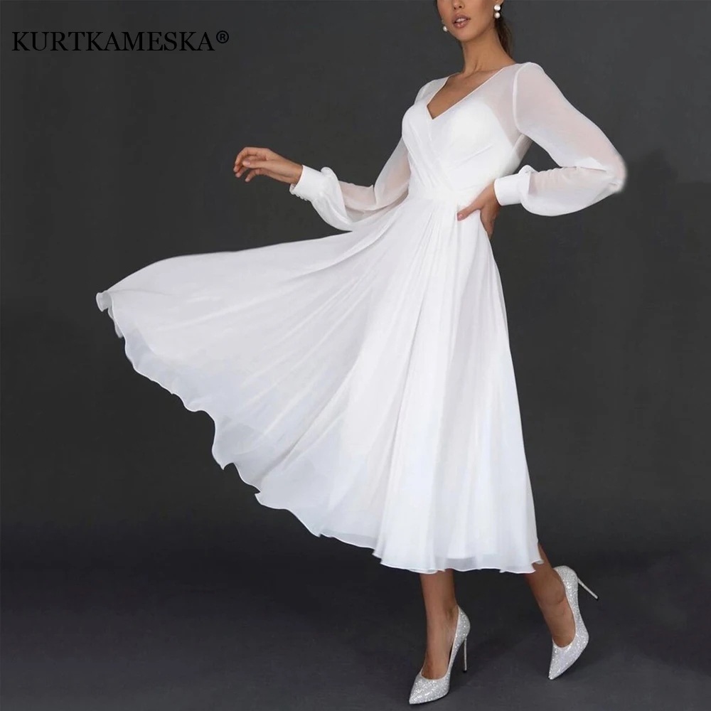 Elegant Sexy V Neck Long Sleeve Chiffon White Bride Dress Wedding Summer Women 2024 Evening Guest Formal Long Party Dresses