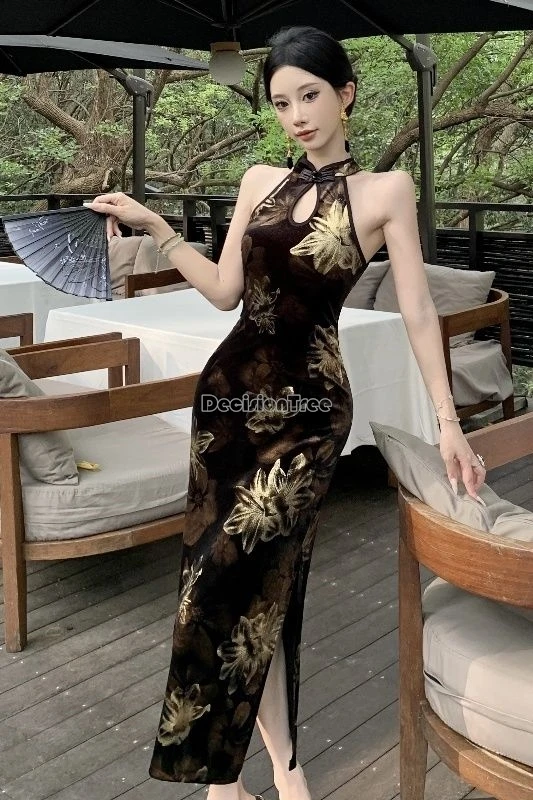 

2025 summer chinese retro fashion improved cheongsam dress sleeveless printed sexy slimming women hip-hugging long qipao dress