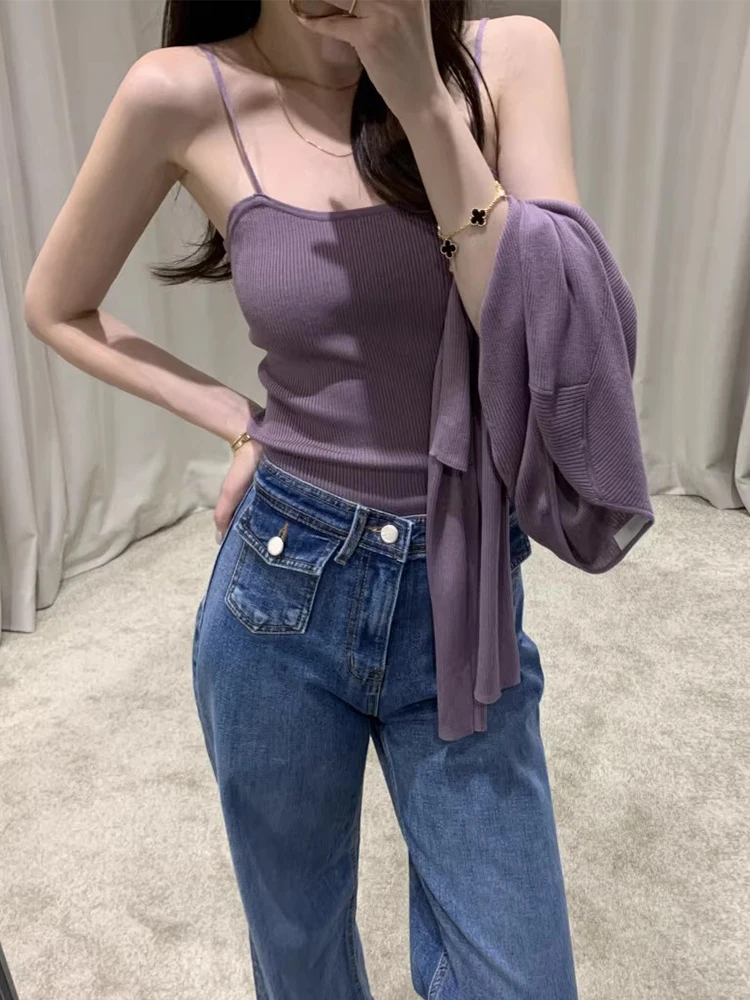 Conjunto de dos piezas de punto sin tirantes, top de manga larga y plones, estilo vintage e, moda femenina, noveda...