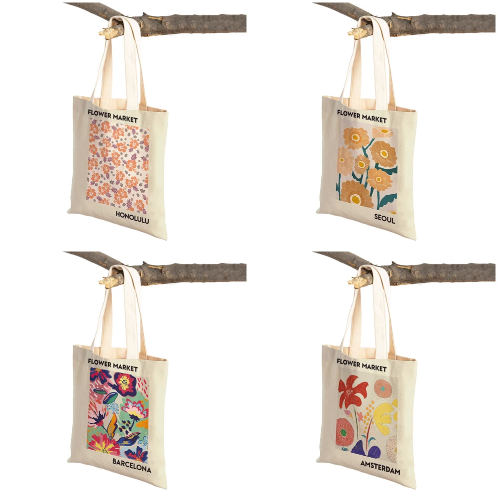 Both Sided Supermarket Shopper Bag Lady Tote Handbag Vintage Abstract Colorful Flower Market Casual Canvas Women Shopping Bags