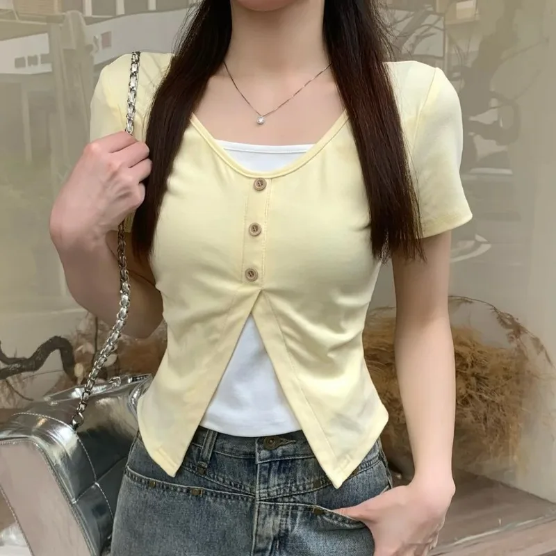 Femmes vêtements été mode décontracté bouton couleur bloquant col rond dames simplicité tout-match apparaître mince faux deux pièces t-shirt