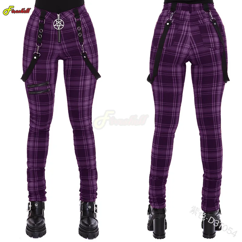 Pantalon à carreaux gothique taille haute pour femme, pantalon punk, streetwear médiéval, olympiques cosplay, fermeture éclair Y2k, pantalon long,