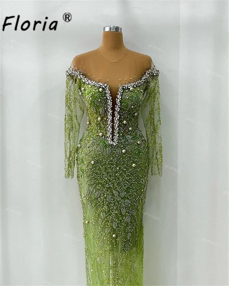 

Pearls Crystal Beads Dubai Prom Dresses Long Sleeve Mermaid Formal Evening Party Gowns Green Arabic Women Wedding Event Dress
