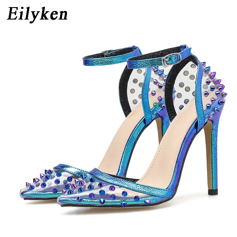 Eilyken Fashion Elegant Blue Rivet Thin Heels Women Pumps Pointed Toe Wedding Buckle Strap Party Spring Shoes Zapatos Mujer