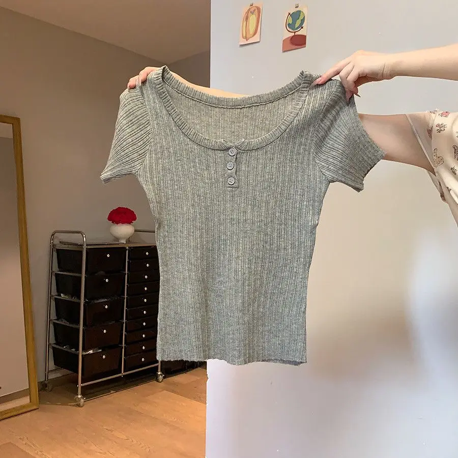 Ladies Short Sleeve Vertical Ribbed Knit T Shirt Heather Grey Scoop Neck Button Detail Slim Fit Casual Summer Daily Top