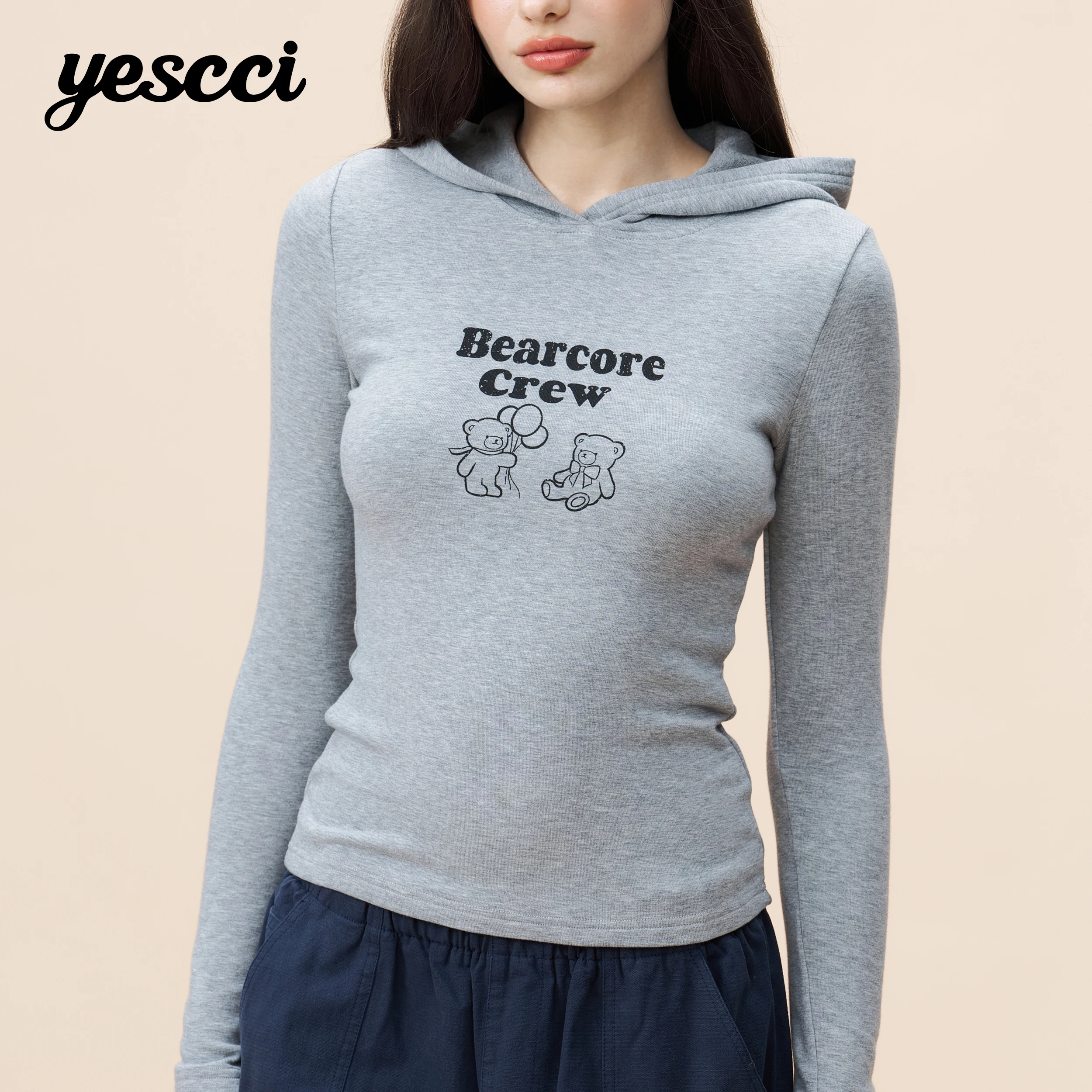 YESCCI Hooded Top Women 2026 Autumn New Crew Neck Letter Print Long Sleeve Stylish Slim Soft Stretch Casual Top Tee S55421196