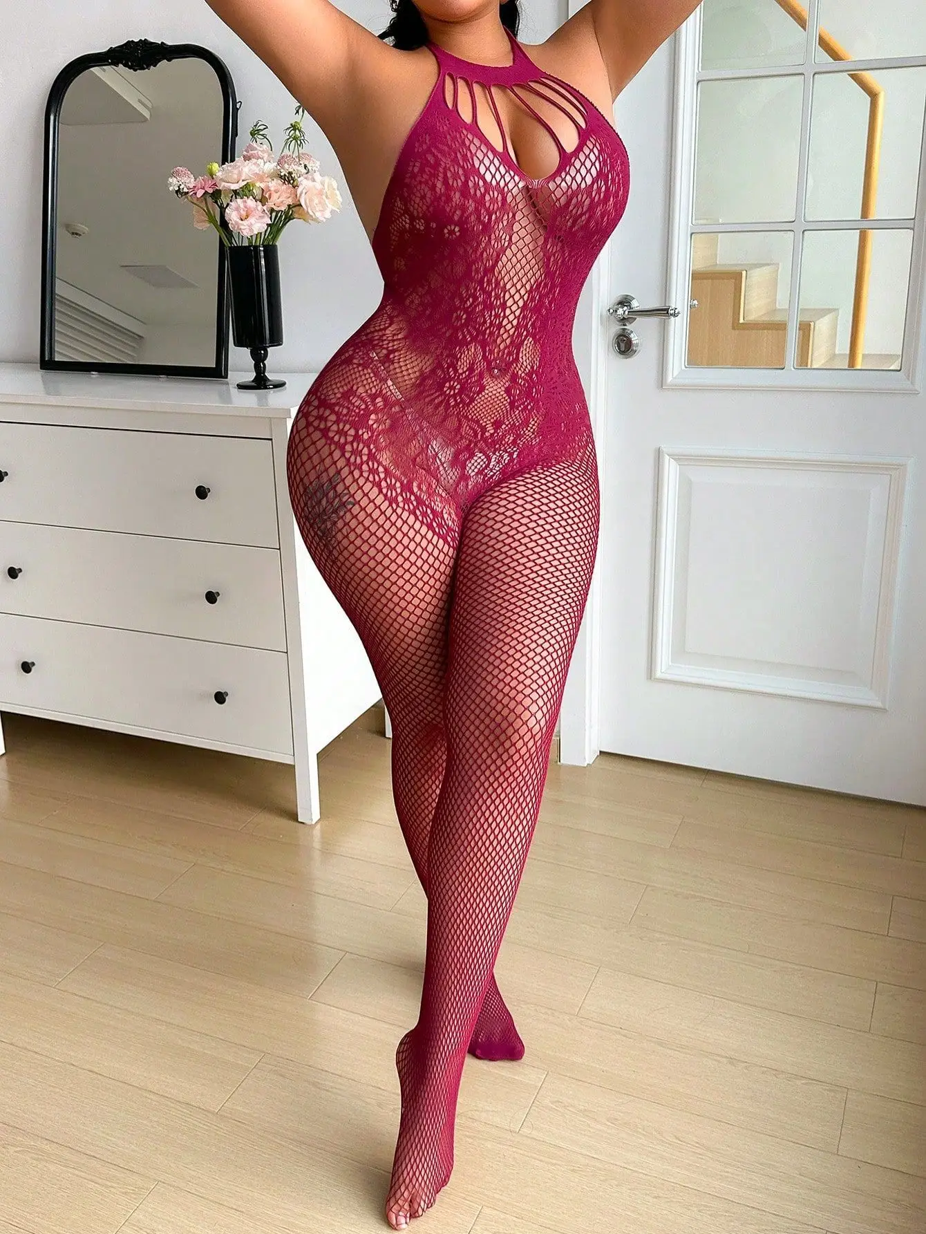 Plus Size Sexy Women's Passion Open Crotch Bodysuits Flower Print Backless Deep V Sleeveless Hanging Neck Bodysuits Elegant WRSK - view 5