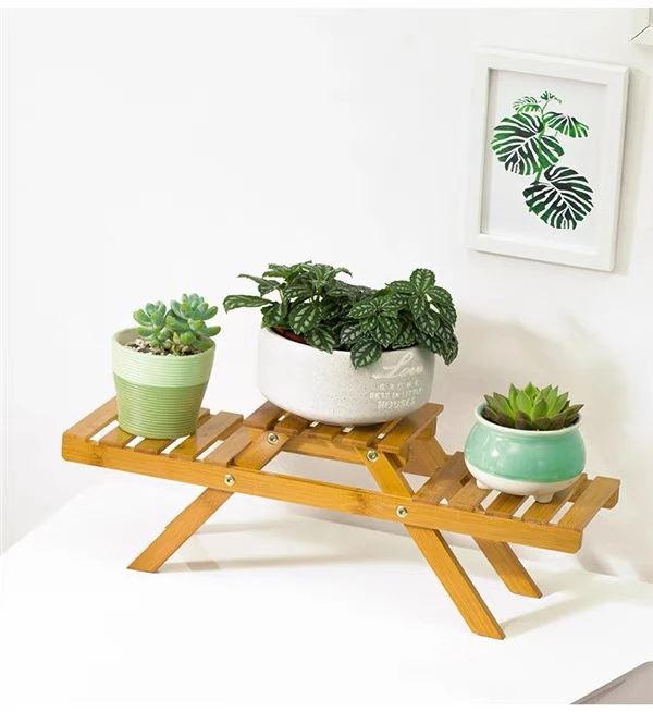 Desktop flower stand living room tea room bay window mini decorative bamboo two-layer plant shelf
