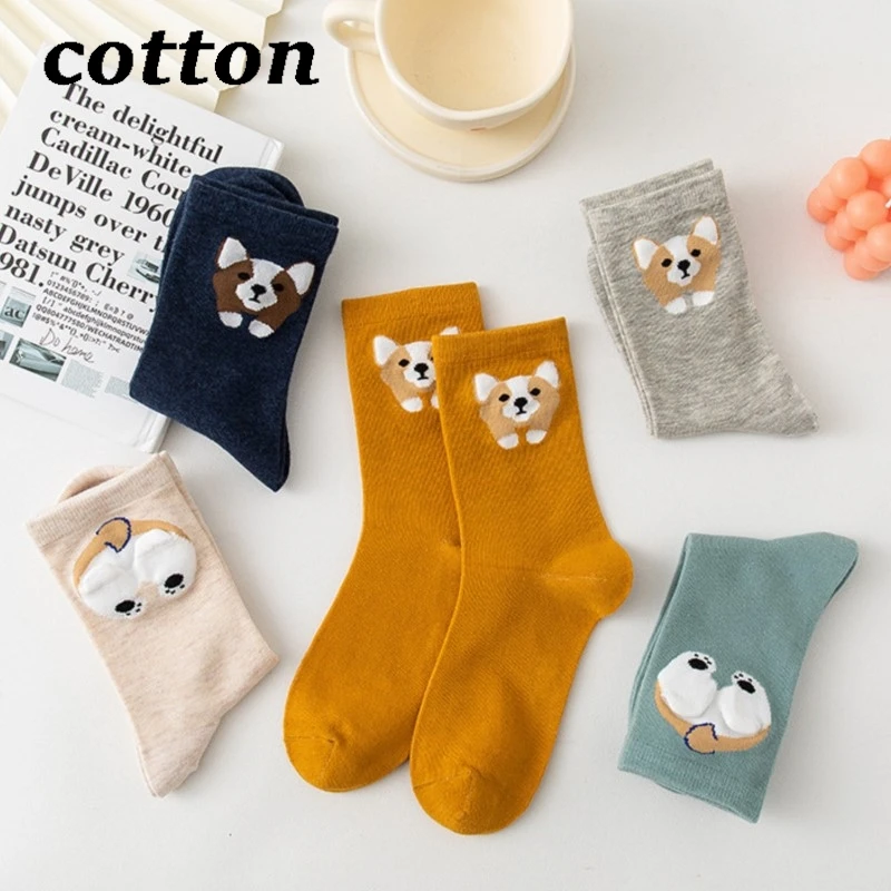 

Autumn Winter Ladies Socks Cute Kawaii Sweet Preppy Female Cartoon Dog Animal Print Middle Tube Casual Comfortable Cotton Socks