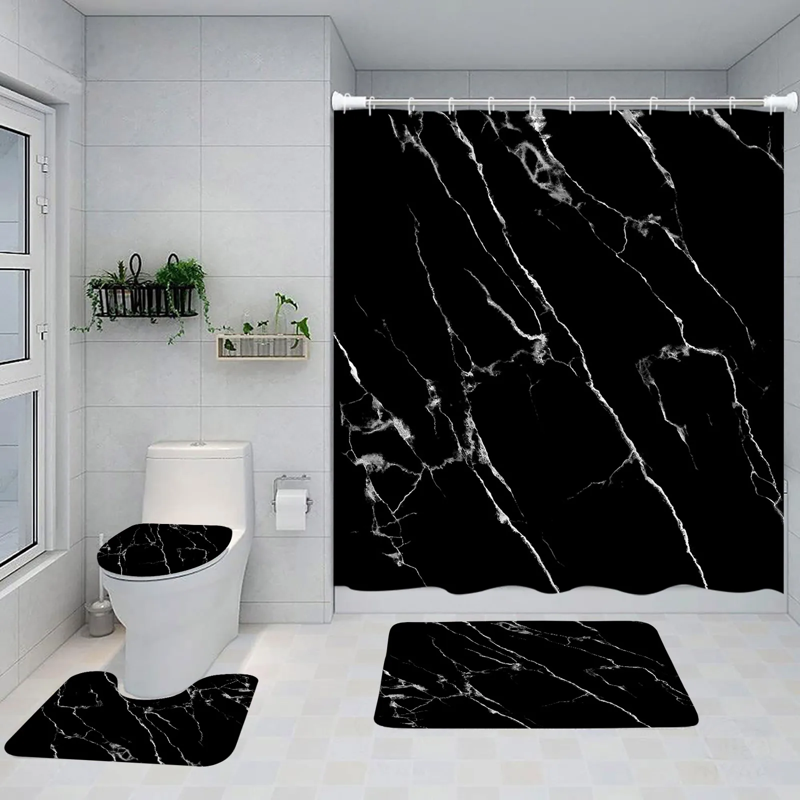 Abstract Marble Shower Curtain Set Gold Lines Black Grey Pattern Modern Luxury Home Bathroom Decor Non-slip Rug Toilet Lid Cover