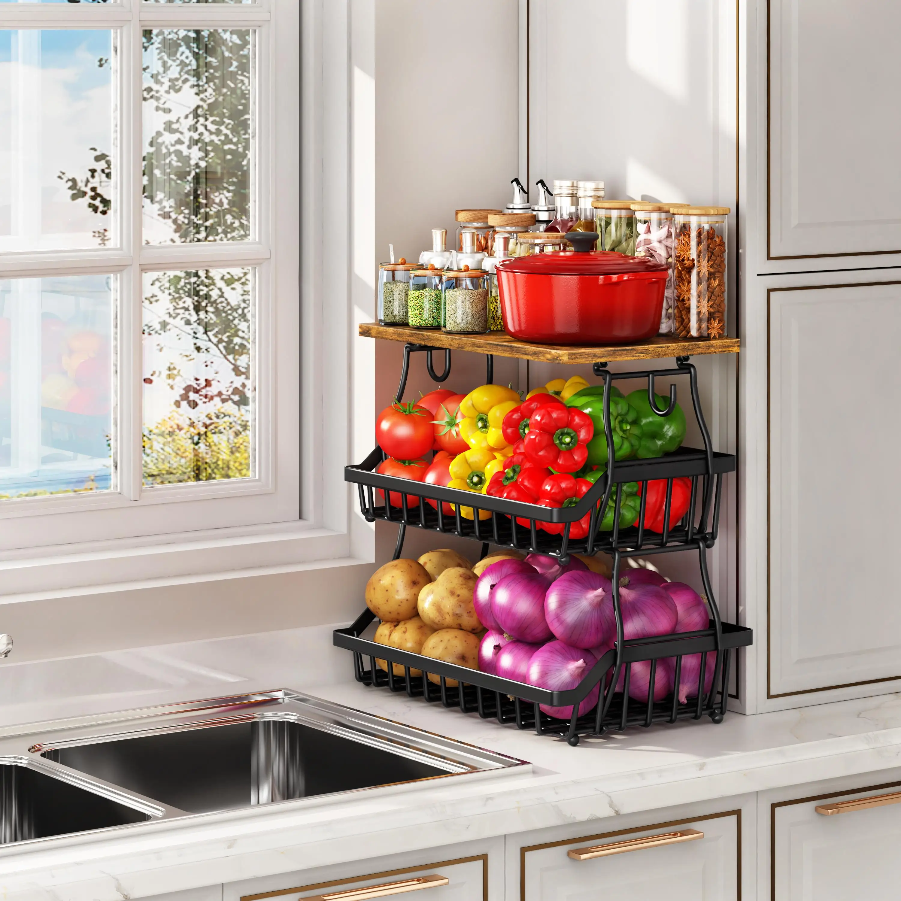 3 Tier Metal Wire Fruit Vegetable Basket Kitchen Storage Cart Freestanding Produce Organizer Rack for Onion Potato Pantry Utility Floor Shelf Display Bowl Black view 3