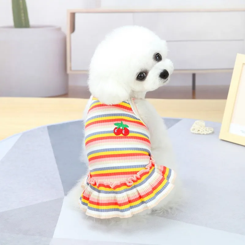 Pet Dog Dress Summer Lace Striped Puppy Vest Dog Clothes Chihuahua Bichon Yorkie Tshirt Cute Cat Skirt Suspenders Dog Costume