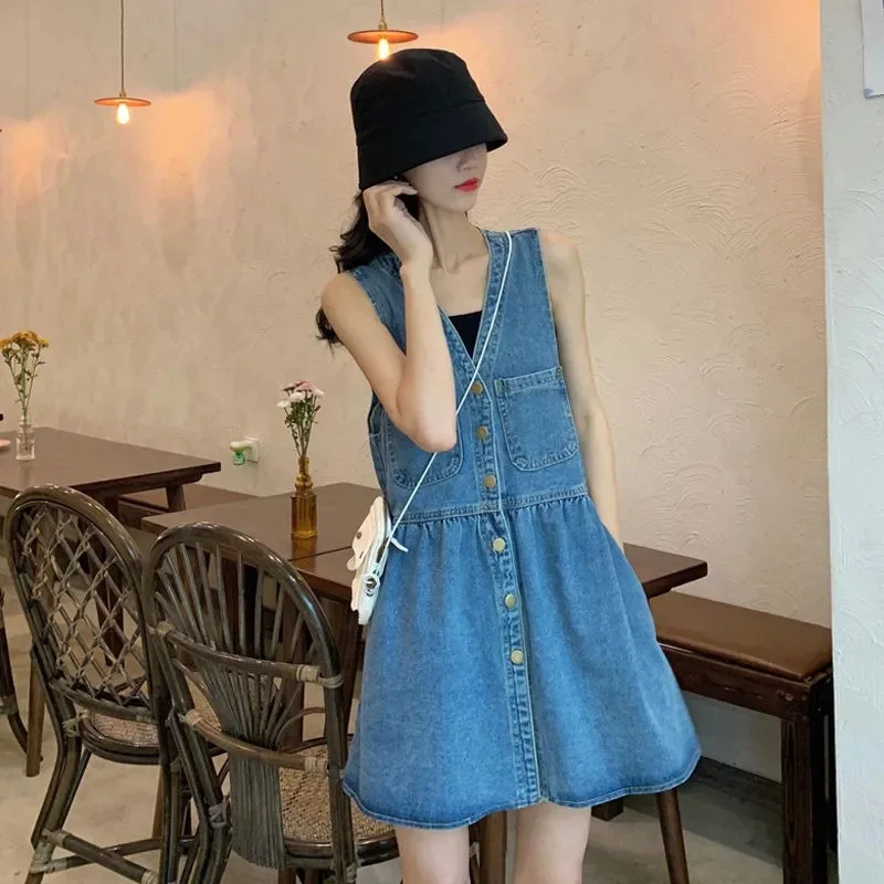 Vestido de tirantes de mezclilla para mujer, corto, línea A, con cuello en V, sin mangas, elegante, estilo urbano, para playa, verano