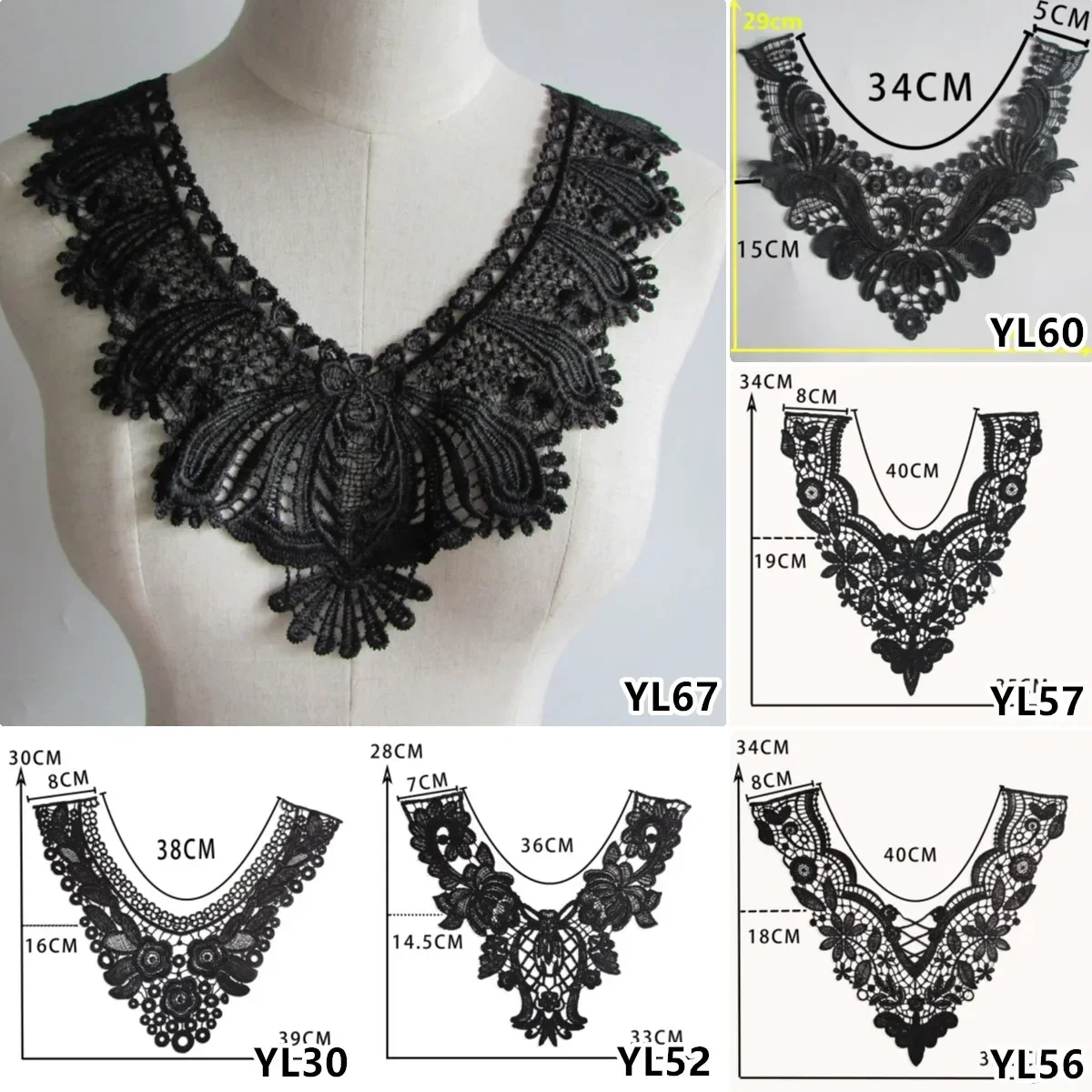 Wholesale sales 1-10 piece black white polyester embroidery hollowed out collar sewing lace DIY decorative clothing accessories