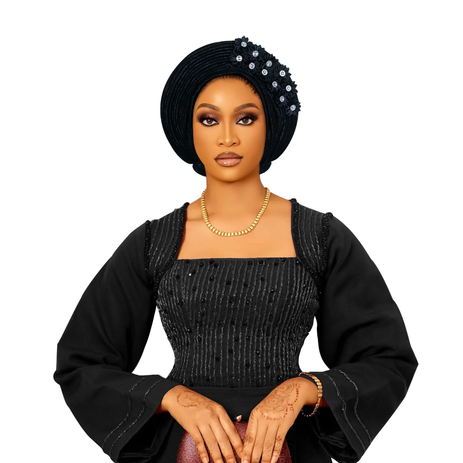 

Африканский традиционный мусульманский черный головной убор для свадебной вечеринки, многослойный головной убор с аппликацией, нигерийская шляпа-геле, подходит для повседневной носки.