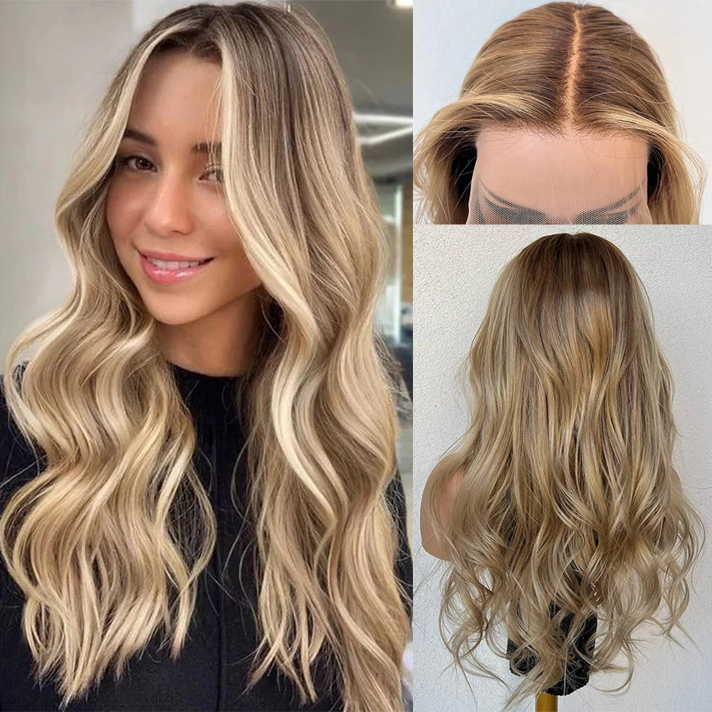 

Glueless Preplucked Human Hair Wigs Honey Blonde Balayage Highlights 13x6 HD Lace Front Wig Wavy Full Lace Wig Roots Melted