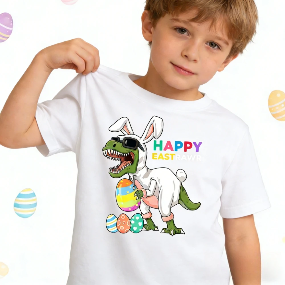 Happy Eastrawr T Rex Tee Easter Bunny Dinosaur Eggs Boys Kids T-Shirt Funny T-Rex Tshirt Easter Children Casual Cotton Tops