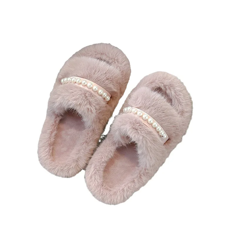 Children\'s Fur Slippers Open Toe Plush Girls Shoes Fashion Pearl Solid Kids Shoes Soft Non Slip Home Slippers Warm Flip Flops