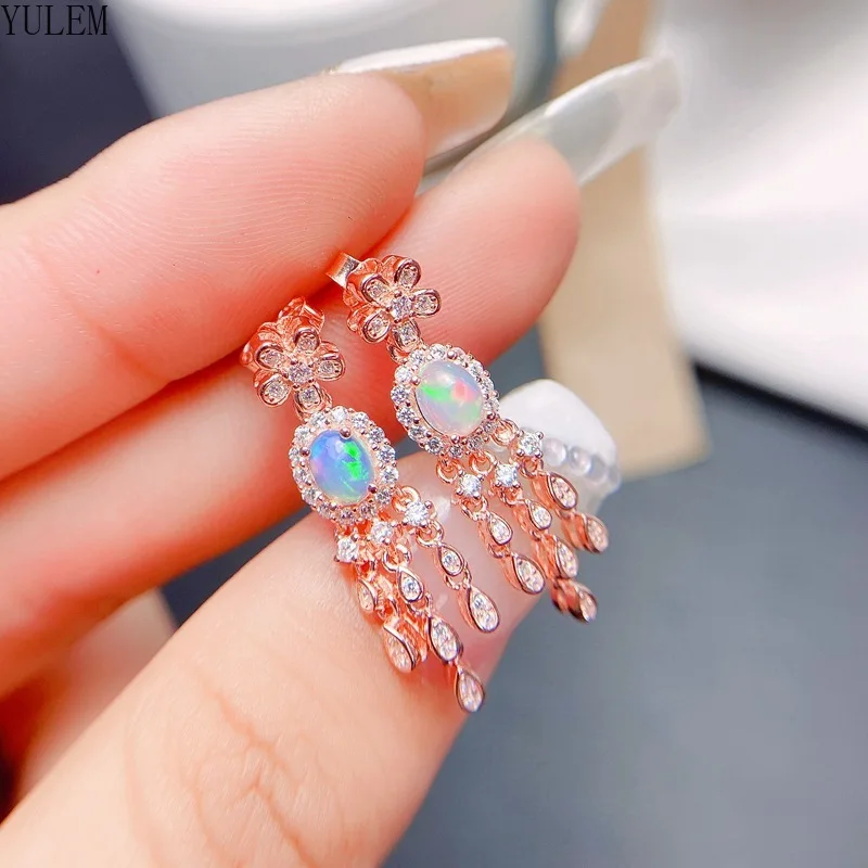 YULEM 4*5mm Natural Opal Earrings Fire Light Studs Earings Diamond S925 Sterling Silver Dainty Gemstone Jewelry for Women