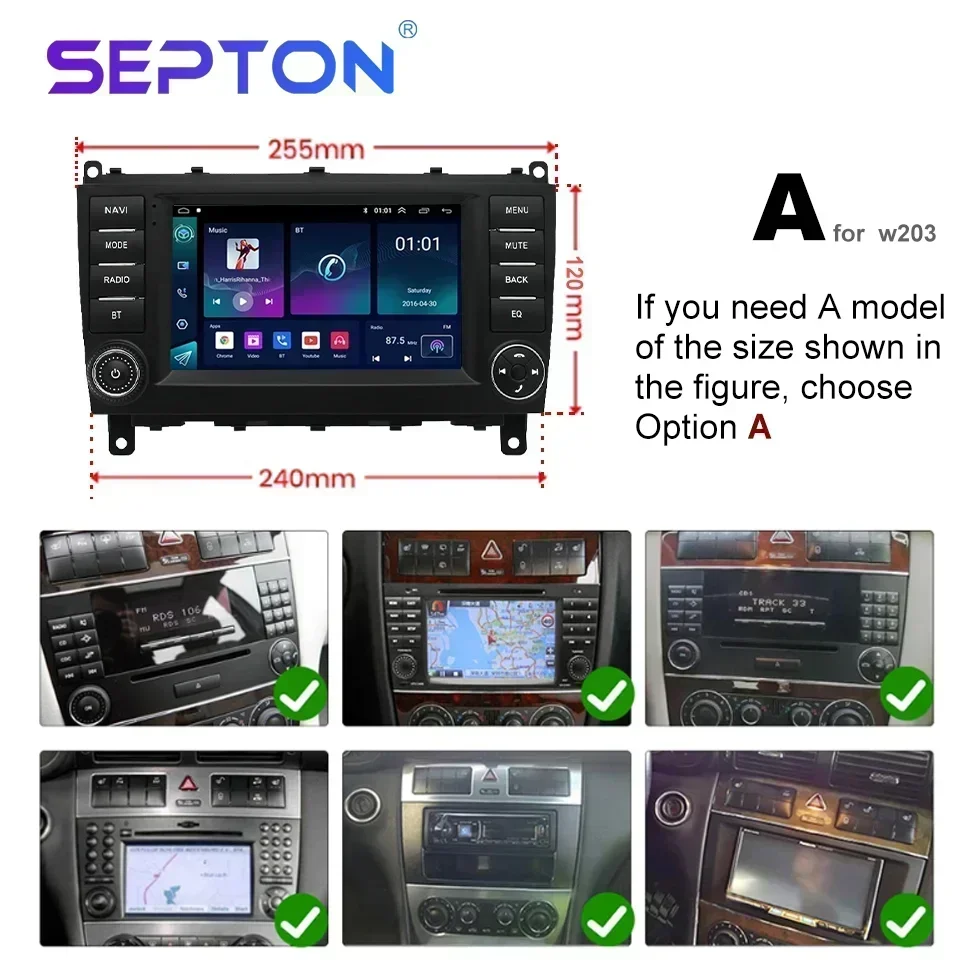 SEPTON 2Din Android CarPlay Car Radio for Mercedes Benz W203 W209 W219 A Class A160 C-Class C180 C200 CLK200 C230 2004-2011 GPS