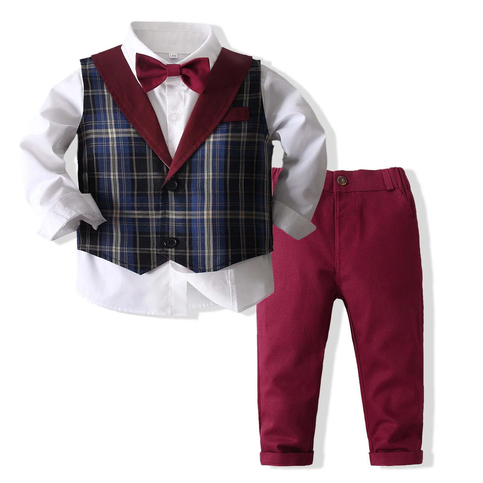 Gentleman Boys Clothes 1 2 3 4 5 Years Kids Spring  Autumn Cotton Birthday Suit Toddler White Shirt with Wine Red Pants Outfits