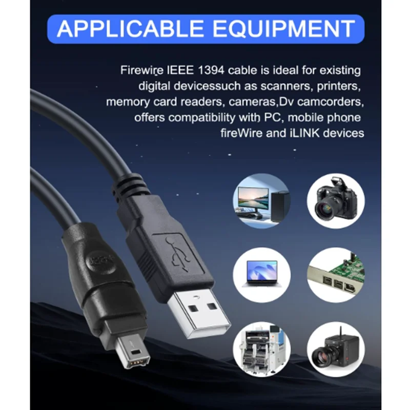 New USB 2.0 to IEEE1394 4-pin Firewire Data Cable for Sony DV Digital Camera Printer Scanning Discussion 1394 Video Cable