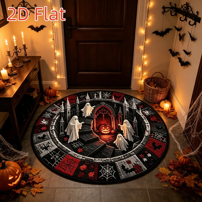 Ultimate Spooky Halloween Ghost Haunted Castle Round Doormat Mat Decoration for Autumn Fall Porch Entryway Seasonal Home Decor G