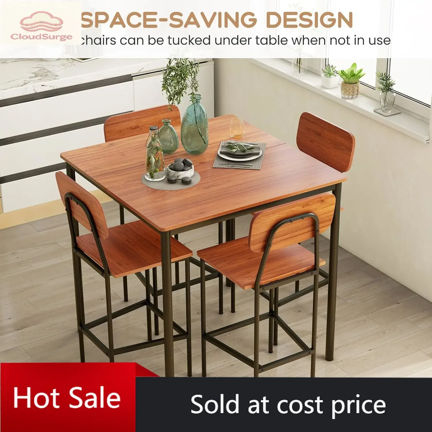 

Activity price5-Piece Dining Table Set W/Counter Height Table & 4 Bar Stools, Industrial Kitchen Dining Table Set W/Footrest & B