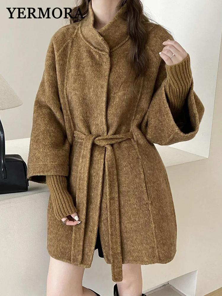 

YERMORA Camel Drawstring Pocket Casual Short Woolen Coat For Women Long Sleeve Loose New Overcoat Fashion Autumn Winter 2025