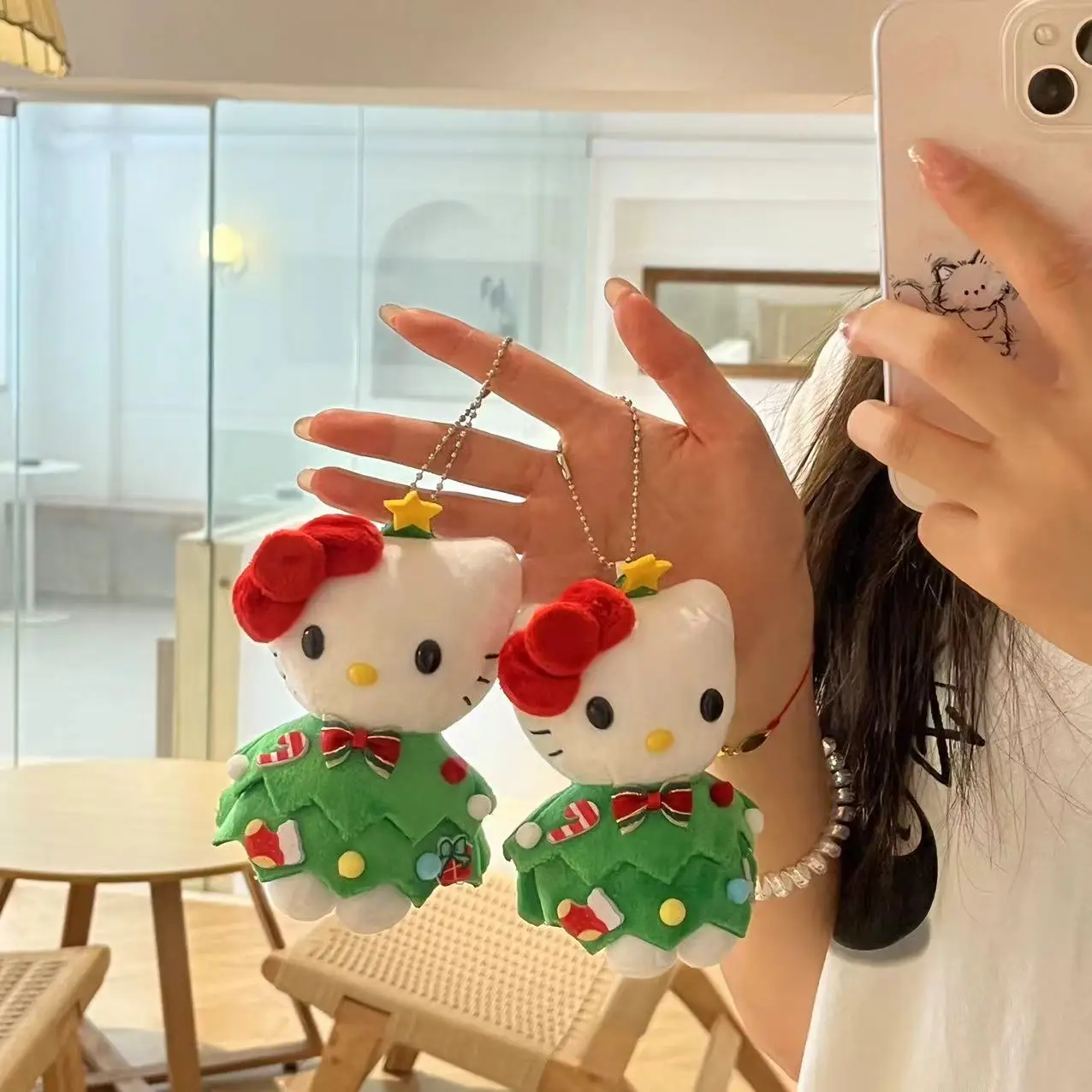 Sanrio Christmas Hello Kitty Plush Doll Keychain Christmas Tree Cute Cartoon Kt Cat Doll Pendant Keychain Bag for Decorate Gifts