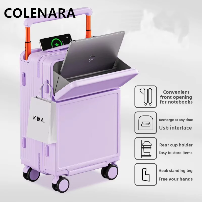 COLENARA USB 충전 캐리어 24인치26인치 다기능 트롤리 케이스 20인치22인치 전면 개방형 기내용 캐리어 롤링 러기지