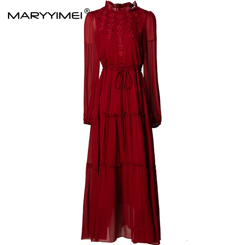 

MARYYIMEI, новое летнее поступление для женщин, платье с длинными рукавами и аппликацией на шнуровке, тонкое повседневное праздничное бальное платье, платья