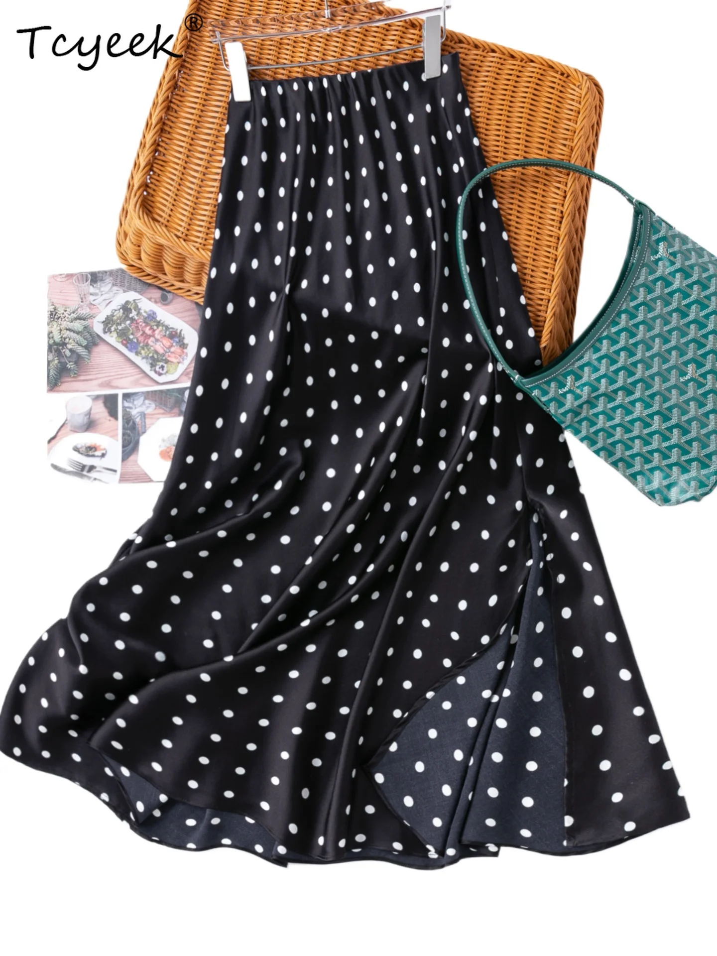 Tcyeek 93% Real Silk Womens Skirts 2026 Elegant Fashion Skirt for Woman Split Summer Clothes Black White Dots Юбка Женская
