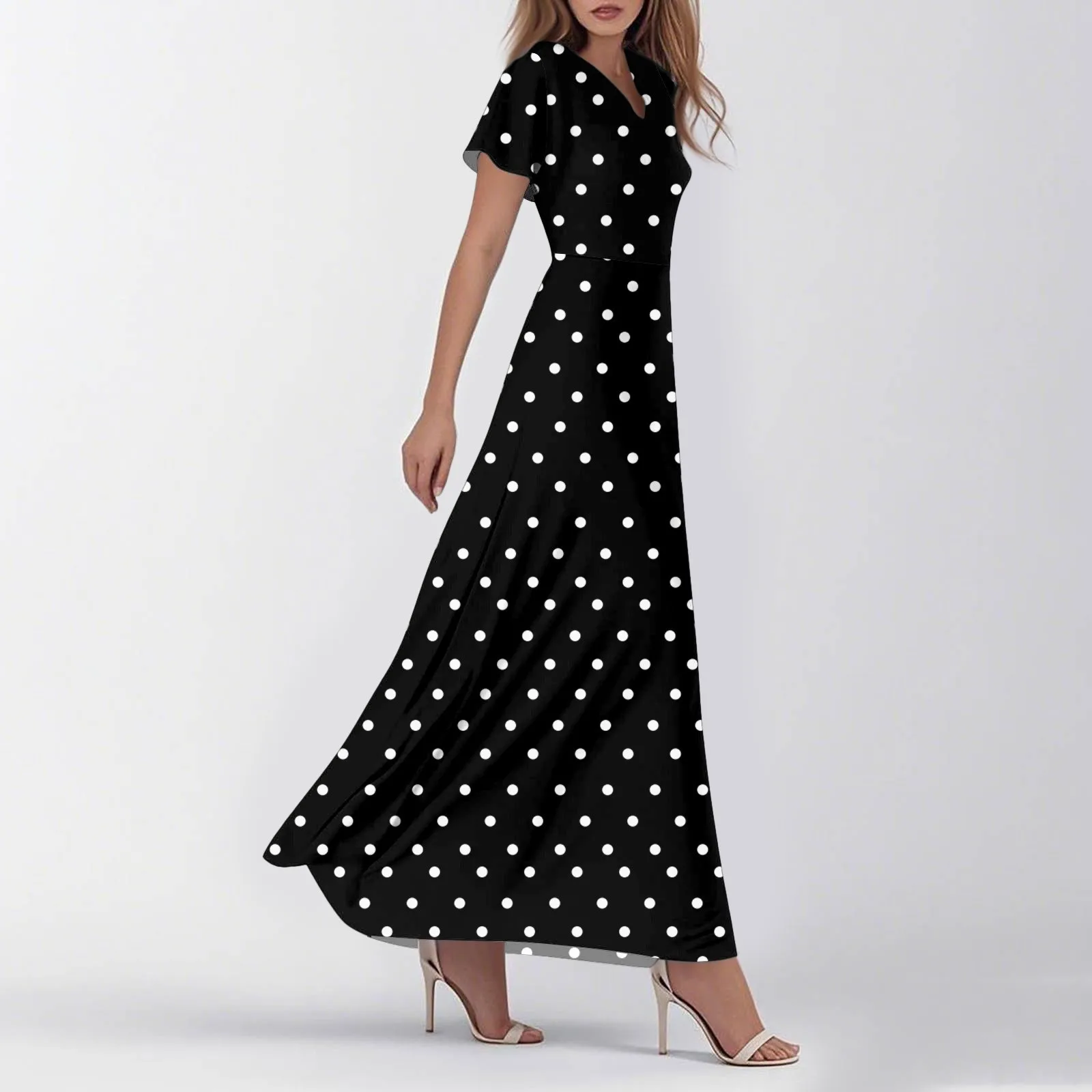 

Summer Hot Sale Of The Season Fashionable Polka Dot Long Knee-Length Dress Slimming Waist Design V-Neck Short Sleeve Elegant Max