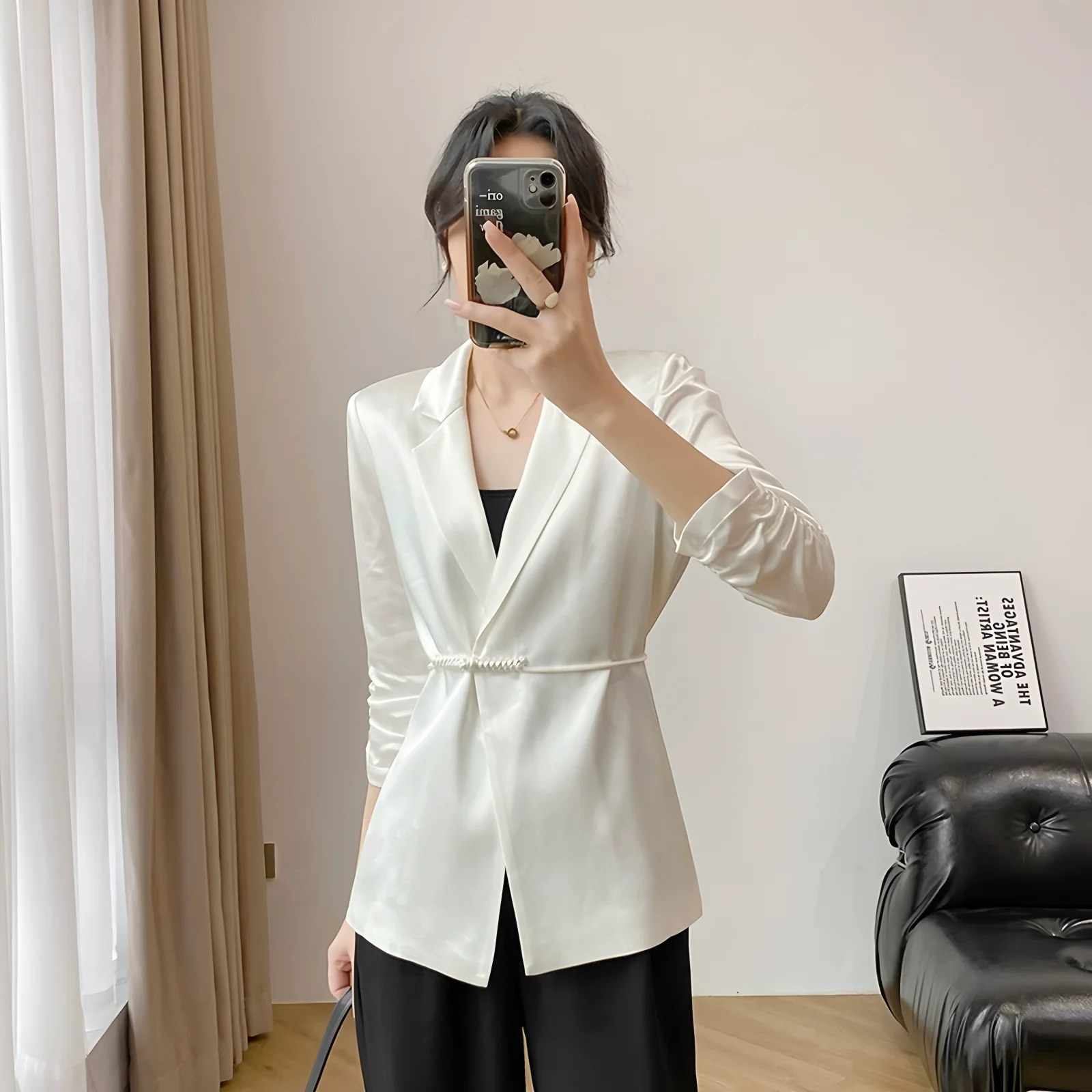 Women's Jacket Spring & Fall New Chinoiserie Commuter Clothing Fashionable and Elegant White Casual Suit Satin Acetate Fabric One-Button Black Three-Quarter Sleeve Suit Jacket