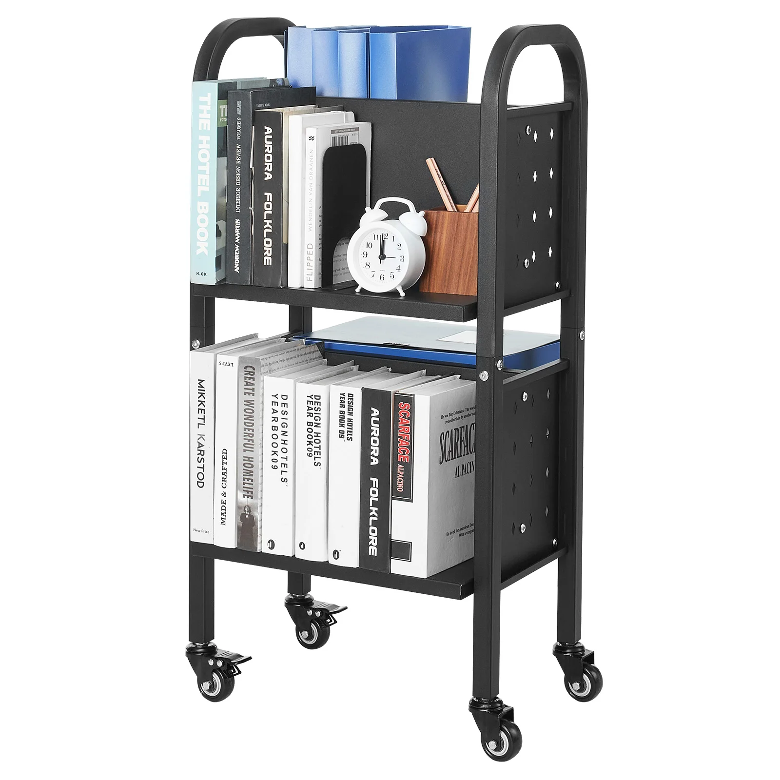 SucceBuy-carrito para libros con ruedas de 150 libras, estantes en forma de L de doble cara con ruedas bloqueables de 2 pulgadas, camión para libros para el hogar y la Oficina