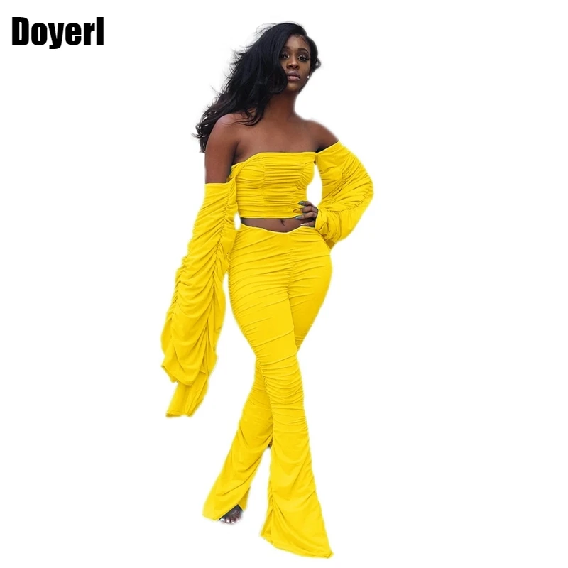 

Sexy Club Birthday Outfits for Women Matching Sets Festival Clothing Crop Tops Ruched Flare Pants Set Off Shoulder Two Piece Set