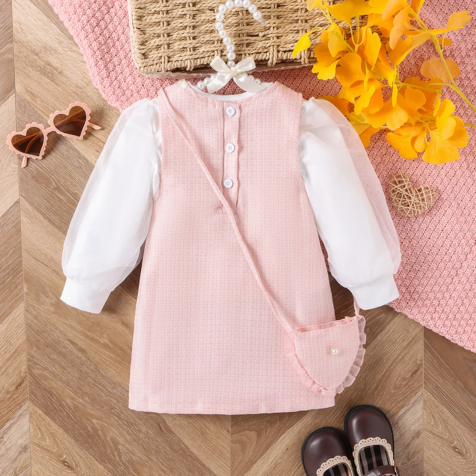 Kid Girl Dresses Elegant Mesh Bubble Long-Sleeve Base Shirt+Tweed Lace Vest Skirt+Shoulder Bag 3Pcs Set Clothes Baby Girls Dress