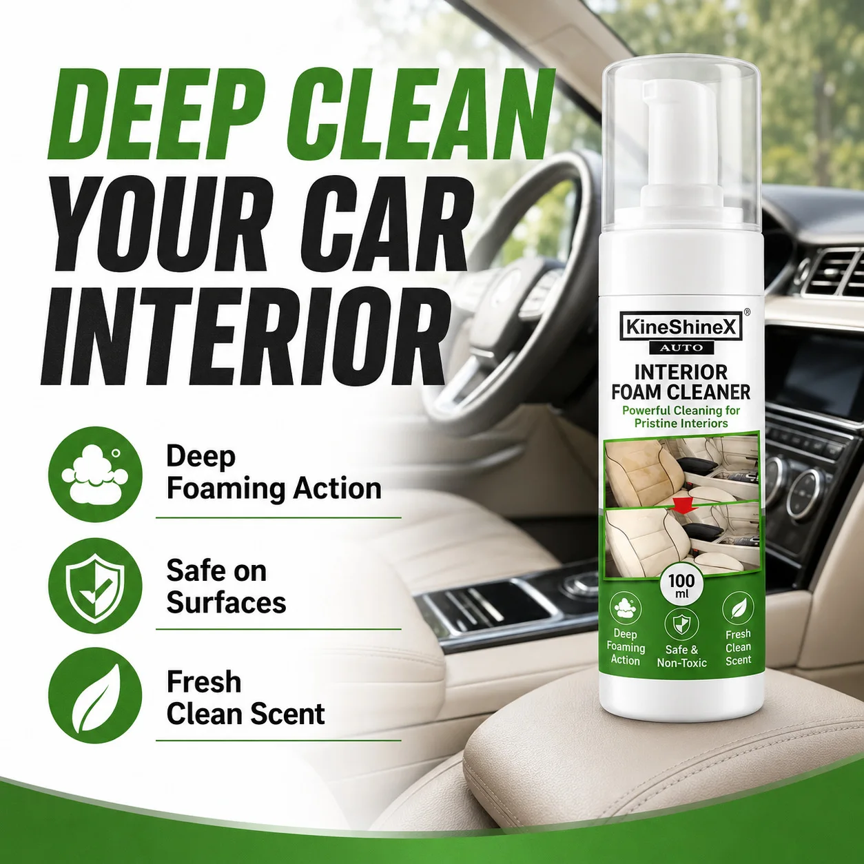 KineShineX 100ml Car Interior Foam Cleaner Multi-purpose Auto Leather Seats Dashboard Door Panel Cleaning Spray Stain Remover Non-toxic No Sticky Residue