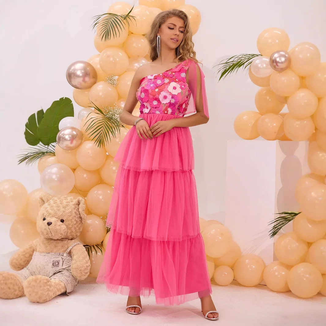

2024 Dopamine Dress Up Single Shoulder Embroidered Sweet Summer New Dress Long Skirt 2025 Summer Dress Robe Vestido Women