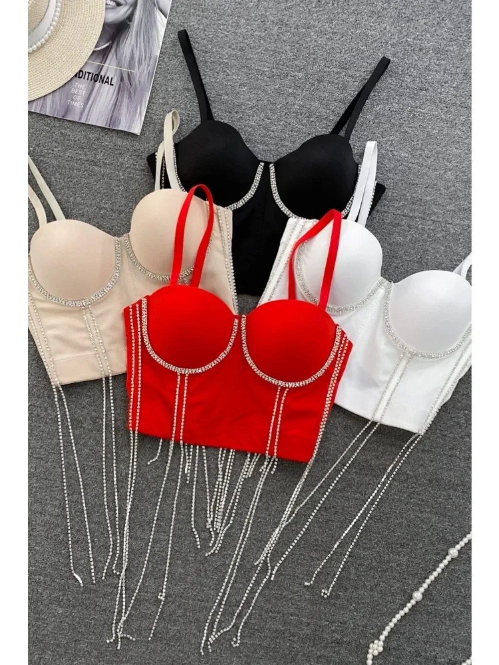 Kobiety eleganckie frędzle podkładki Rhinestone podstawowe gorsetowe paski Camis Slim gorąca, seksowna moda nagi pępek topy z odkrytymi plecami damski krótki Top — zdjęcie 2