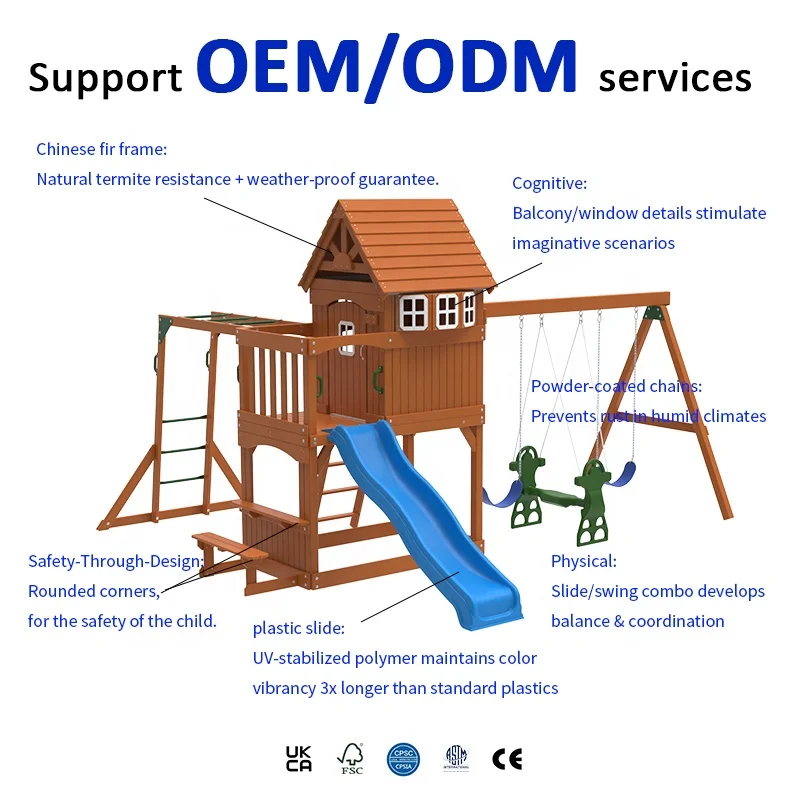 Large Outdoor Amusement Equipment Children Toy Playground Backyard Commercia Garden School Kids Wooden Swing Set Monkey Bar