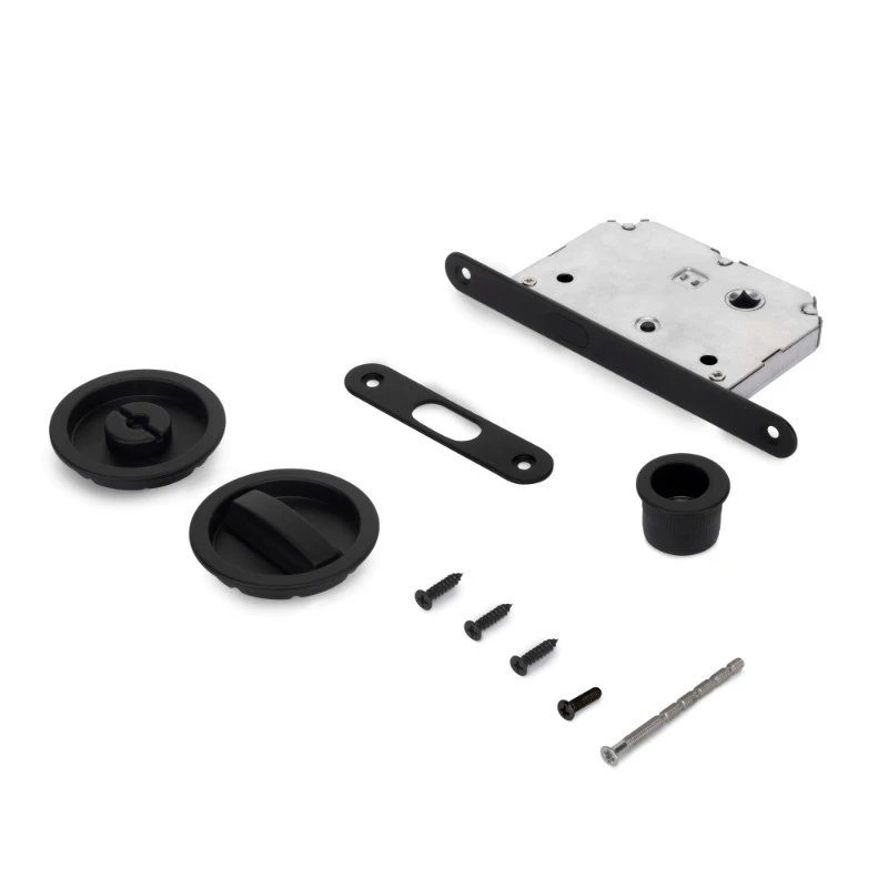 Black painted steel round latch lock kit for sliding doors, diameter 57mm