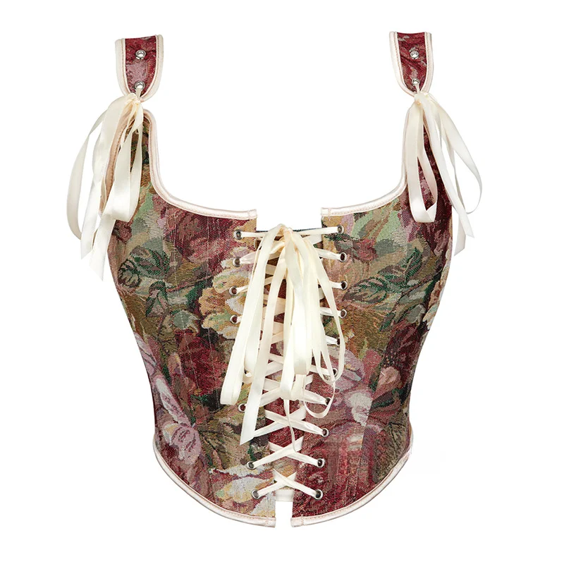 

Vintage Floral Embroidered Vest Corset Lace Up Tank Top Women Jacquard Slim Fit Bustier Bodyshaper Waist Trainer Camisole Korset