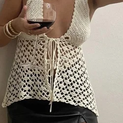 Beach Style Crochet Halter Tops Vintage Knitted Front Tie Up Tank Vest Women Sexy Backless Crop Tops Y2K Clothes Summer Holiday