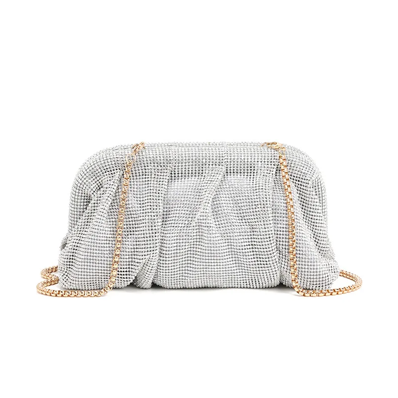 

Clutch Evening Bag Female Luxury Shinny Ruched Rhinestone Chain Shoulder Bag Fashion Elegant Glam Party Wedding Crossbody Bag