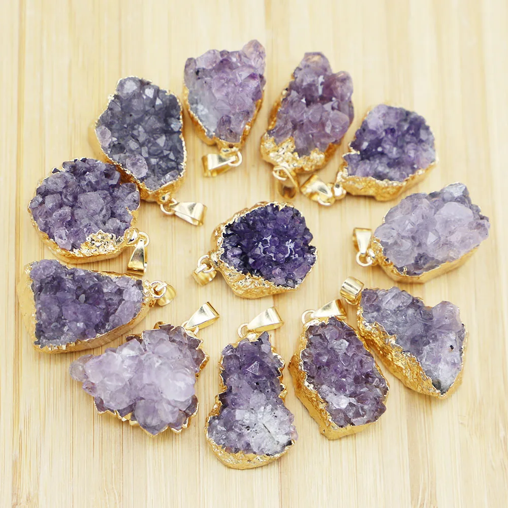 Natural Stone Raw Ore Amethyst Necklace Pendants Irregular Phnom Penh Quartz Quality Purple Crystal Jewelry Gift Wholesale 10Pcs