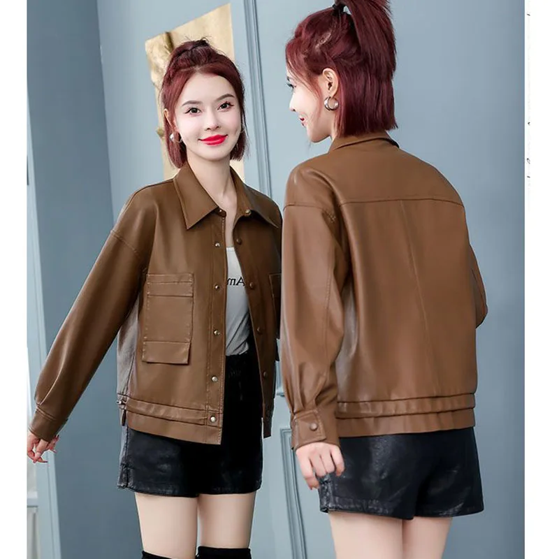 Short PU Leather Jacket NEW Autumn Black Yellow Leather Coat Women All-match Button Outwear Female Korean Loose Casual Tops 4XL