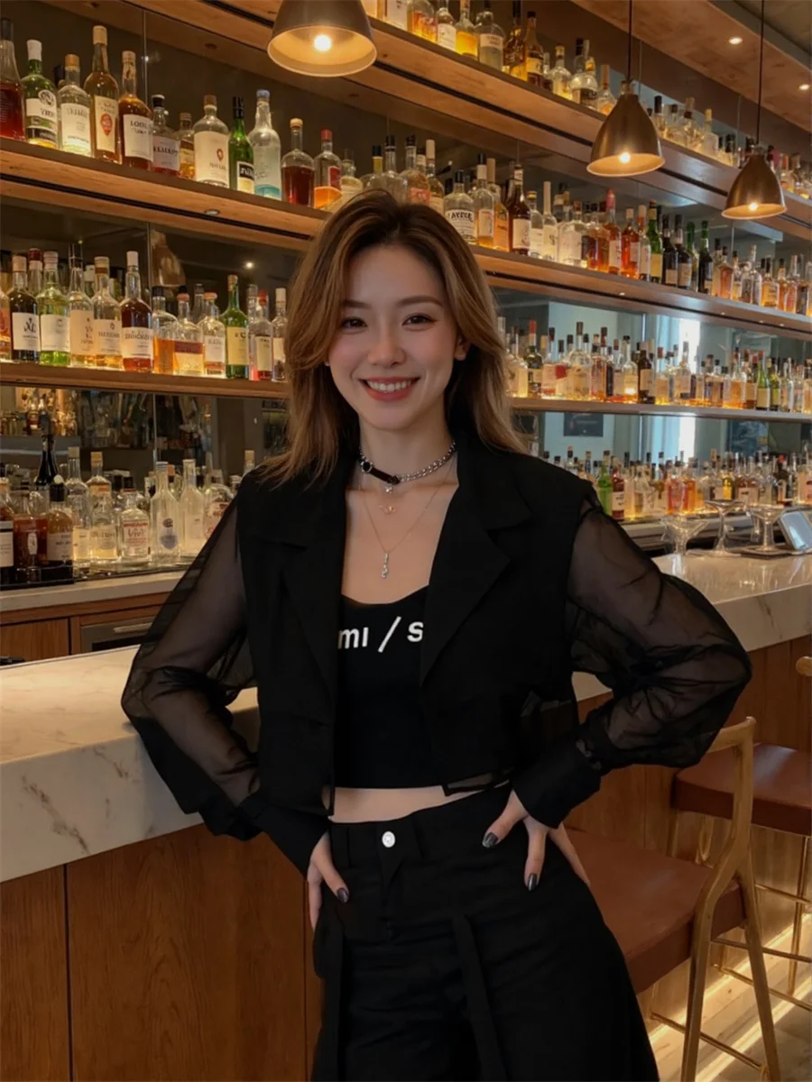 

Sun-proof Cropped See-through Back-Slit Blazers Elegant Woman Clothes For Women Sophisticated Three-Quarter Sensibility Trendy